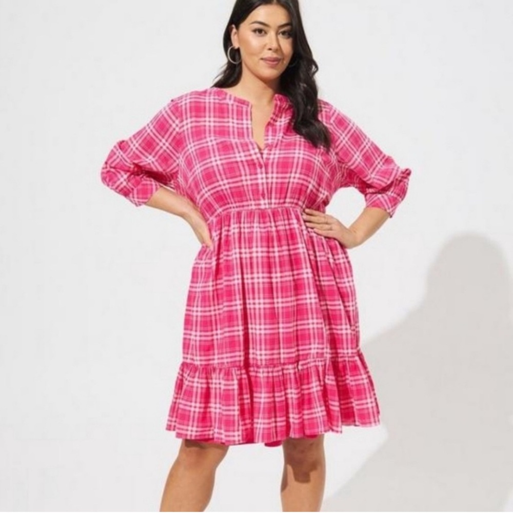 Torrid NWT Pink & White Plaid Ruffle Mini Voile Mandarin Collar Dress